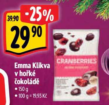  Emma Klikva v hořké čokoládě 150 g 