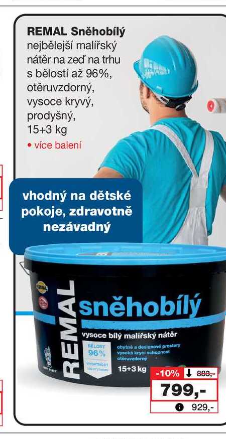 REMAL Sněhobílý nejbělejší malířský nátěr na zeď na trhu s bělostí až 96%, otěruvzdorný, vysoce kryvý, prodyšný, 15+3 kg 