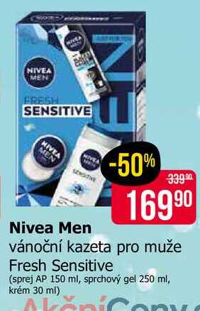 Nivea Men vánoční kazeta pro muže Fresh Sensitive (sprej AP 150 ml, sprchový gel 250 ml, krém 30 ml) 