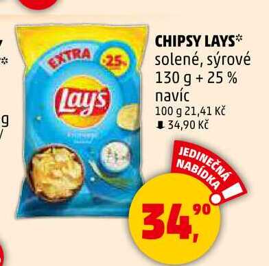 CHIPSY LAYS solené, sýrové, 130 g + 25% navíc