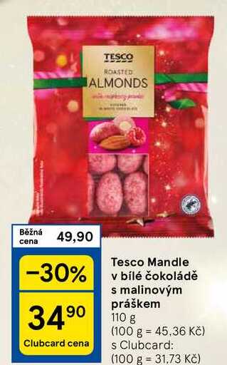 Tesco Mandle v bílé čokoládě s malinovým práškem, 110 g