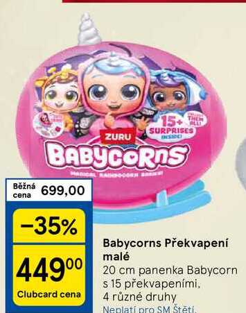 Babycorns Překvapení malé 20 cm panenka Babycorn s 15 překvapeními, 4 různé druhy