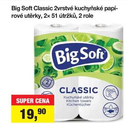 Big Soft Classic 2vrstvé kuchyňské papírové utěrky, 2× 51 útržků, 2 role 