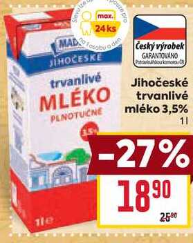 Jihočeské trvanlivé mléko 3,5% 1l