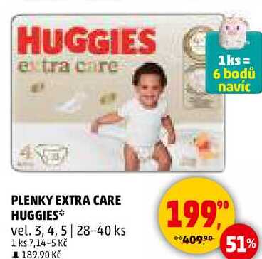 PLENKY EXTRA CARE HUGGIES vel. 3, 4, 5, 28-40 ks  v akci