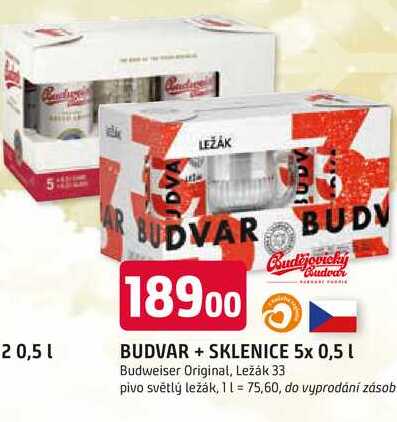 BUDVAR + SKLENICE 5x 0,5l