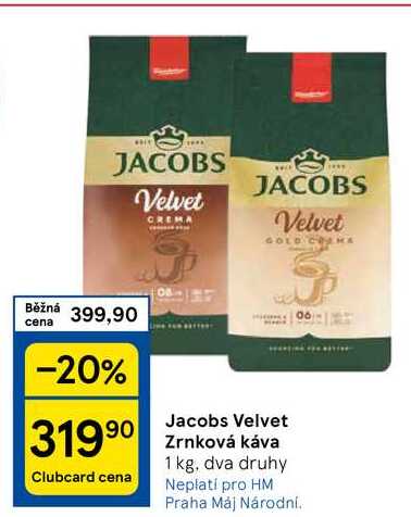 Jacobs Velvet Zrnková káva, 1 kg  v akci