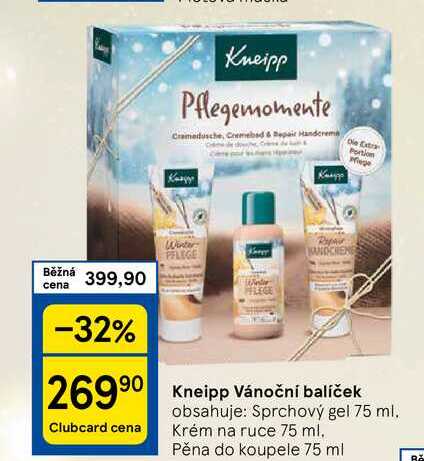 Kneipp Vánoční balíček obsahuje: Sprchový gel 75 ml. Krém na ruce 75 ml. Pěna do koupele 75 ml