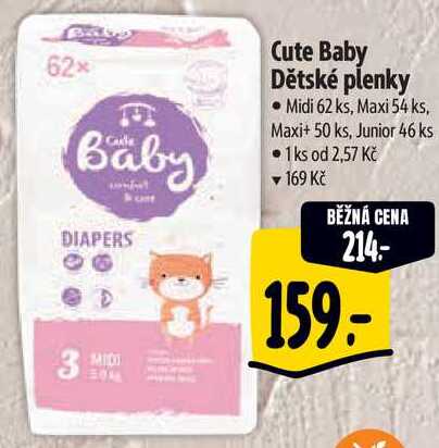 Cute Baby Dětské plenky, Midi 62 ks, Maxi 54 ks, Maxi+ 50 ks, Junior 46 ks 