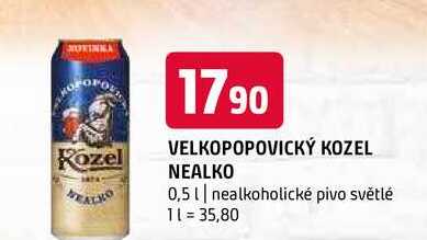 Velkopopovický Kozel, světlé výčepní pivo nealko 0.5l