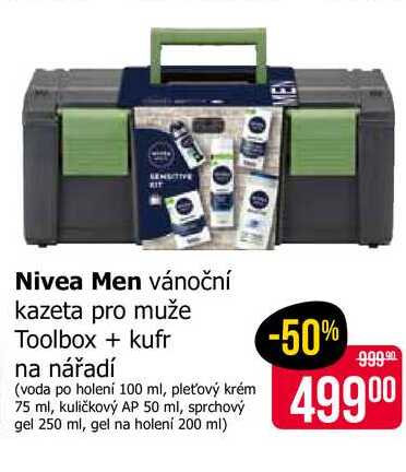 Nivea Men vánoční kazeta pro muže Toolbox+kufr na nářadí (voda po holení 100 ml, pleťový krém 75 ml, kuličkový AP 50 ml, sprchový gel 250 ml, gel na holení 200 ml) 