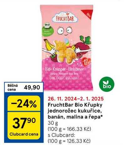 FruchtBar Bio Křupky jednorožec kukuřice, banán, malina a řepa, 30 g