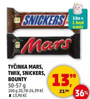 TYČINKA MARS, TWIX, SNICKERS, BOUNTY, 50-57 g 