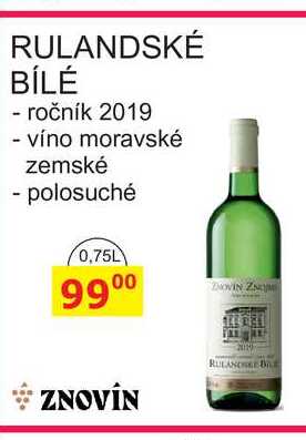 ZNOVÍN RULANDSKÉ BÍLÉ - ročník 2019 - víno moravské zemské - polosuché 0,75L 