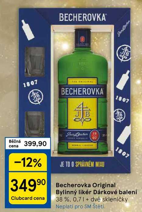 Becherovka Original Bylinný likér Dárkové balení 38 %, 0,7 1+ dvě skleničky 