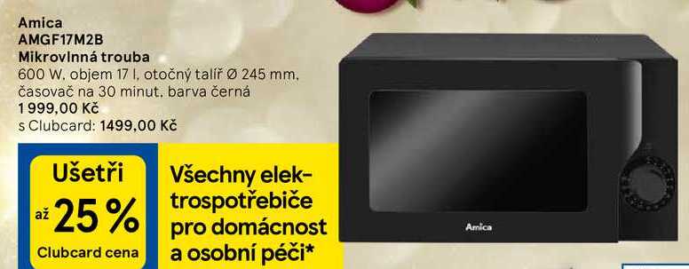 Amica AMGF17M2B Mikrovlnná trouba 600 W. objem 17 I, otočný talíř Ø 245 mm