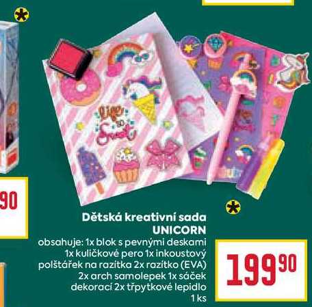 Dětská kreativní sada UNICORN obsahuje: 1x blok s pevnými deskami 1x kuličkové pero 1x inkoustový polštářek na razítka 2x razítko (EVA) 2x arch samolepek 1x sáček dekoraci 2x třpytkové lepidlo 1 ks