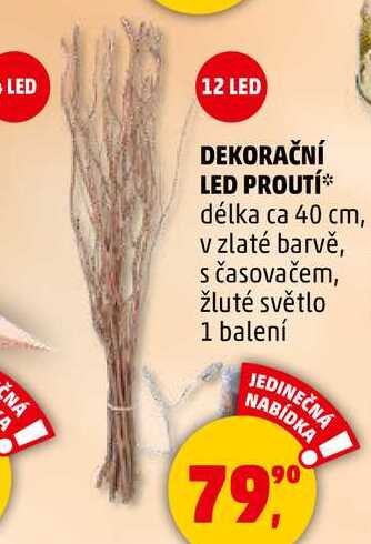 DEKORAČNÍ LED PROUTÍ délka ca 40 cm, v zlaté barvě, s časovačem, žluté světlo, 1 balení 