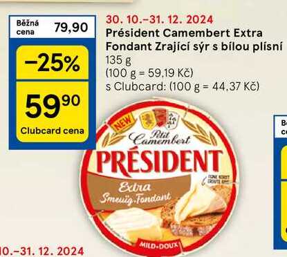 Président Camembert Extra Fondant Zrající sýr s bílou plísní, 135 g 