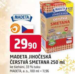 MADETA JIHOČESKÁ ČERSTVÁ SMETANA 250 ml ke šlehání, 33% tuku