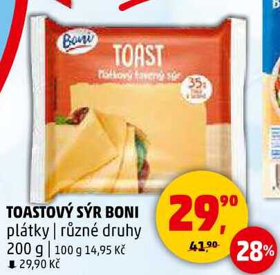 TOASTOVÝ SÝR BONI plátky, různé druhy, 200 g