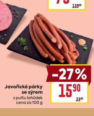 Javořické párky se sýrem z pultu lahůdek cena za 100 g 