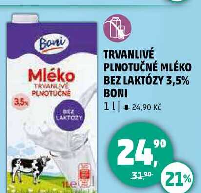 TRVANLIVÉ PLNOTUČNÉ MLÉKO BEZ LAKTÓZY 3,5% BONI, 1 l  