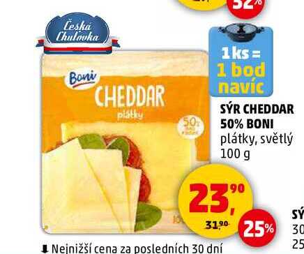 SÝR CHEDDAR 50% BONI plátky, světlý, 100 g 