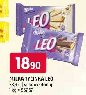 Milka tyčinka leo 33,3g, vybrané druhy v akci