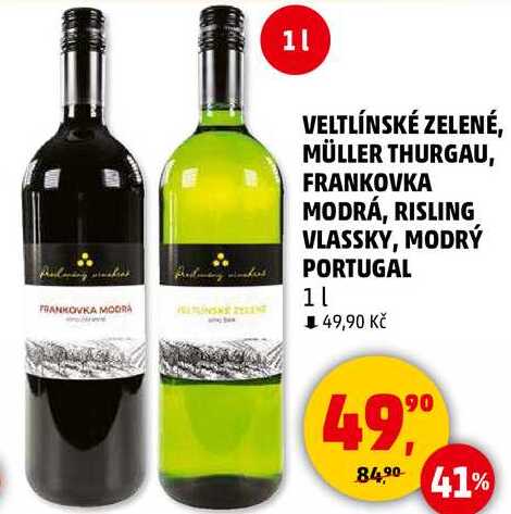 VELTLÍNSKÉ ZELENÉ, MÜLLER THURGAU, FRANKOVKA MODRÁ, RISLING VLASSKY, MODRÝ PORTUGAL, 1 l 