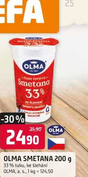 OLMA SMETANA 200 g 33% tuku, ke šlehání