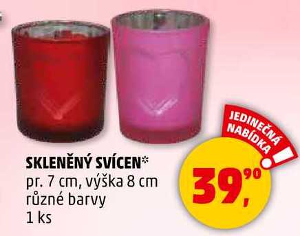 SKLENĚNÝ SVÍCEN pr. 7 cm, výška 8 cm různé barvy, 1 ks 