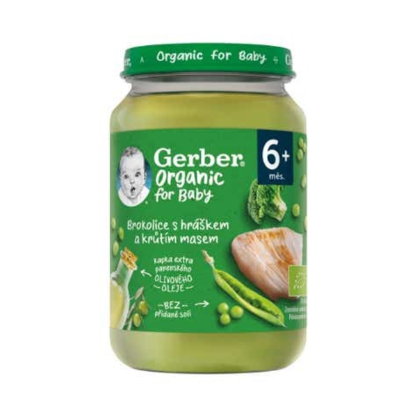 Gerber Organic dětský příkrm brokolice s hráškem a krutím  masem