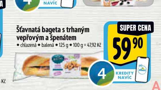   Šťavnatá bageta s trhaným vepřovým a špenátem  125 g