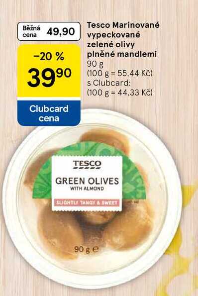 Tesco Marinované vypeckované zelené olivy plněné mandlemi, 90 g 