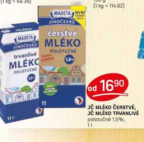 JČ MLÉKO ČERSTVÉ, JČ MLÉKO TRVANLIVÉ polotučné 1,5% 1l