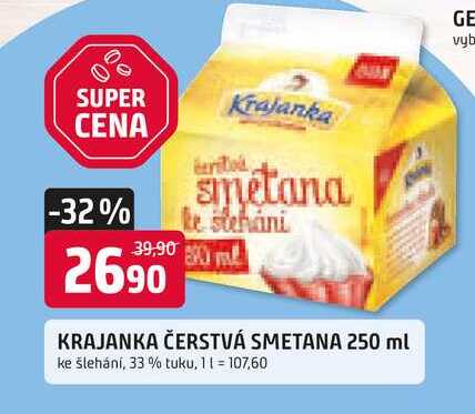 KRAJANKA ČERSTVÁ SMETANA 250 ml ke šlehání, 33 %