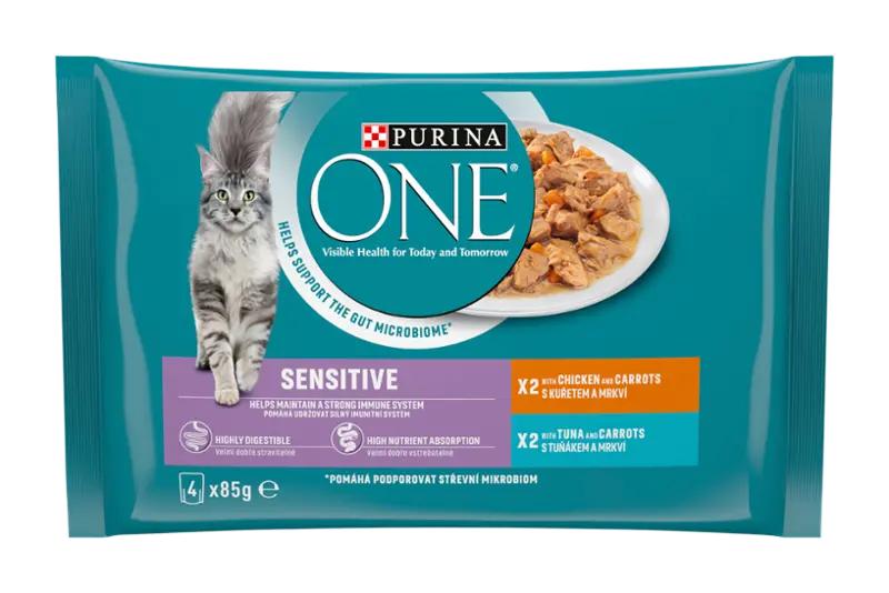 PURINA ONE Mini filetky s kuřetem/tuňákem a mrkví ve šťávě 4x 85 g, 340 g