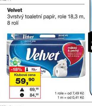 Velvet 3vrstvý toaletní papír, role 18,3 m, 8 rolí 