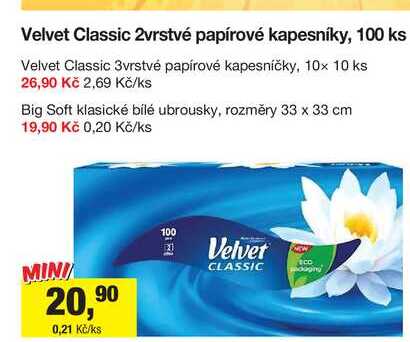 Velvet Classic 2vrstvé papírové kapesníky, 100 ks 