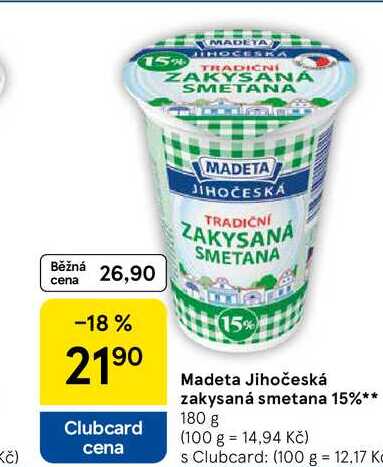 Madeta Jihočeská zakysaná smetana 15%, 180 g  