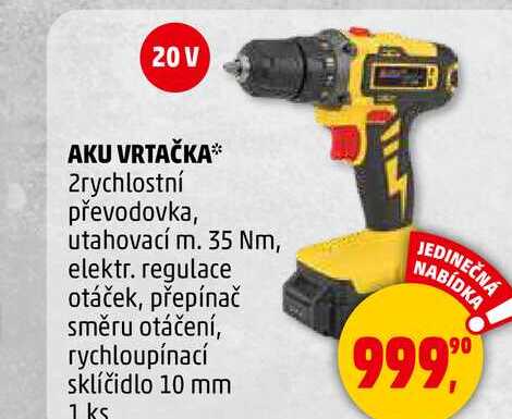 AKU VRTAČKA 2rychlostní převodovka, utahovací m. 35 Nm, elektr. regulace otáček, přepínač směru otáčení, rychloupínací sklíčidlo 10 mm, 1 ks