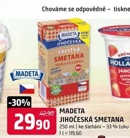 Madeta Jihočeská smetana trvanlivá 33% 250ml v akci