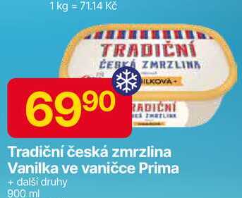 Tradiční česká zmrzlina Vanilka ve vaničce Prima + další druhy 900 ml