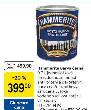 Hammerite Barva černá, 0.7 l, jednosložková na vzduchu schnoucí antikorozní a dekorativní