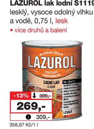LAZUROL lak lodní S1119 lesklý, vysoce odolný vlhku a vodě, 0,75l