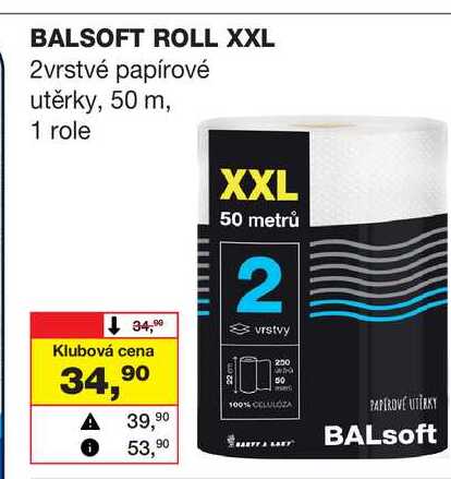 BALSOFT ROLL XXL 2vrstvé papírové utěrky, 50 m, 1 role 