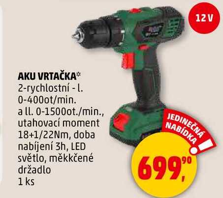AKU VRTAČKA 2-rychlostní - l. 0-400ot/min. a ll. 0-1500ot./min., utahovací moment 18+1/22Nm, doba nabíjení 3h, LED světlo, měkkčené držadlo, 1 ks
