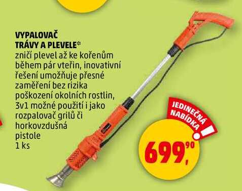 VYPALOVAČ TRÁVY A PLEVELE zničí plevel až ke kořenům během pár vteřin, 1 ks