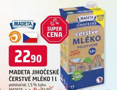 MADETA JIHOČESKÉ ČERSTVÉ MLÉKO 1l polotučné, 1,5% tuku 